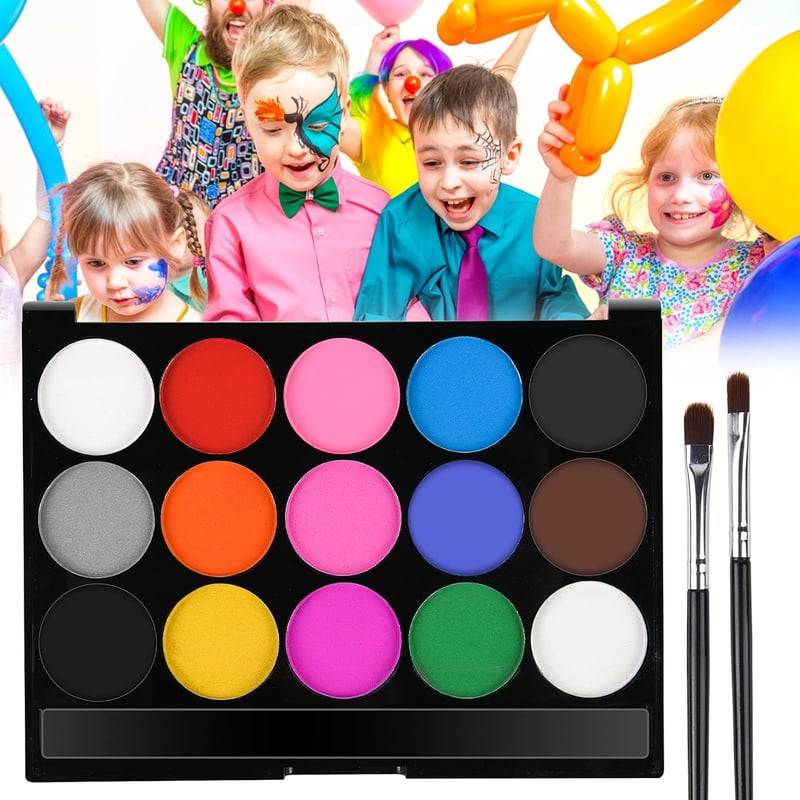 URAQT 15 Színű Arcfesték Készlet Gyerekeknek - 32 Sablon, 2 Ecset, Biztonságos, Farsangra, Halloweenre