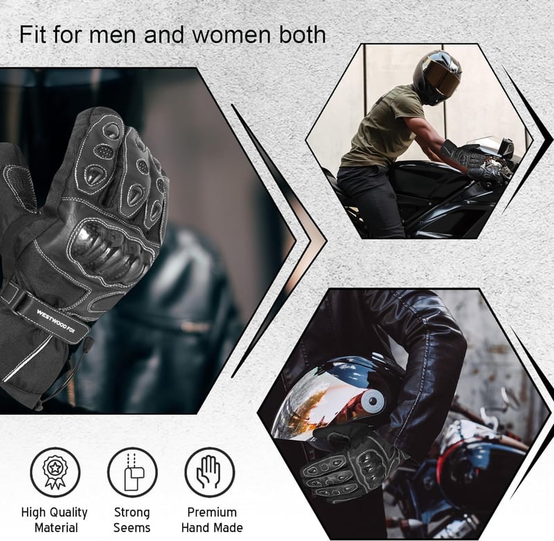 WESTWOOD FOX Bőr Motoros Kesztyű - Érintőképernyős, Vízálló, Téli, Unisex Védőkesztyű Motorozáshoz, ATV és UTV Vezetéshez, M-es Méret