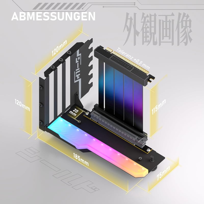 EZDIY-FAB Függőleges GPU Tartó 4.0 Riser Kábellel, ARGB Világítással, 115mm Hosszú, 90 Fokos Csatlakozóval, Teljes PCIe Slotokhoz, Fekete
