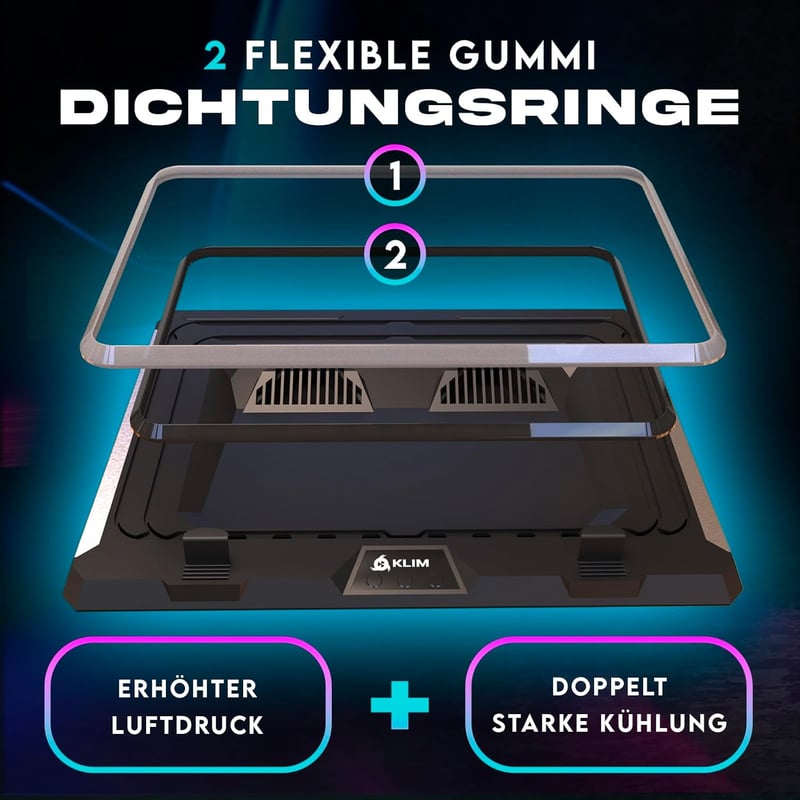 KLIM Mistral Laptop Hűtő - Nagy Teljesítményű Turbó Ventilátor (4500 rpm) - Gumis Tömítés - Túlmelegedés Elleni Védelem - 15-17 Colos Gamer 
