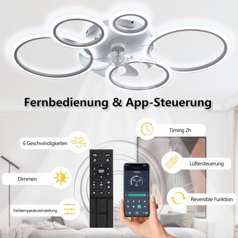 MiiR LED Mennyezeti Ventilátor Világítással - 145W, 3 Színhőmérséklet, 6 Sebesség, Távirányítóval és Applikációval, Fehér, Hálószobába, Napp