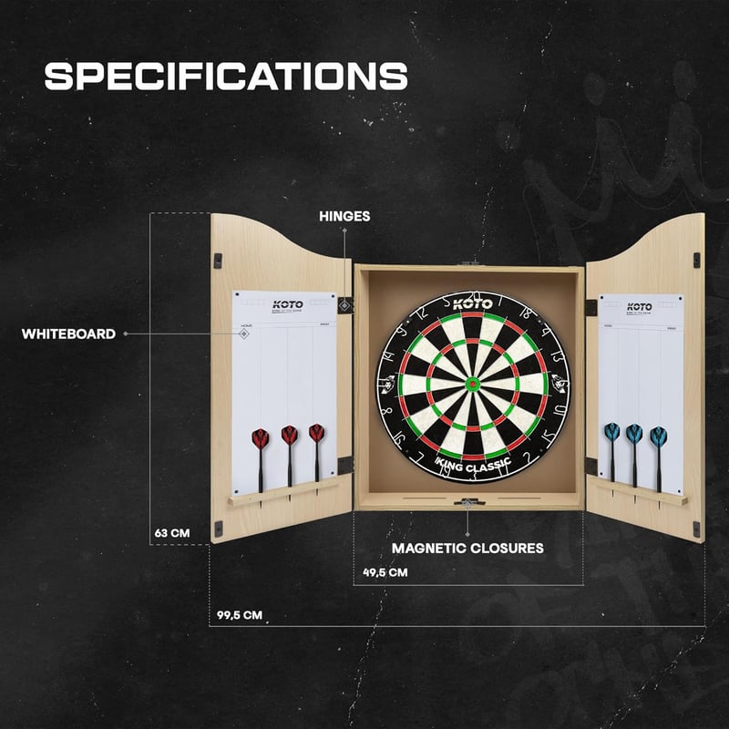 KOTO darts Komplett Darts Szekrény Szett - Tölgyfa Dartscenter 2 Készlet Nyíllal, Dobóvonallal és Pontozótáblával, 54x68 cm