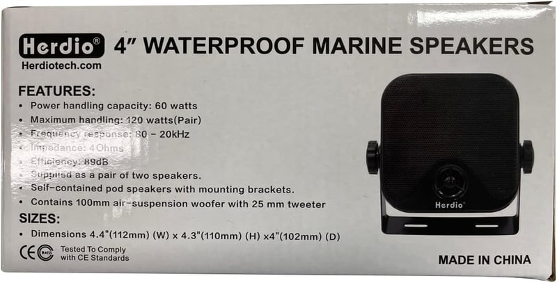 Herdio 100W Vízálló Mini Hangszóró 10,2 cm - Fekete Sztereó Hangrendszer ATV, UTV, Motor, Traktor és Hajó Használatra, Fali Rögzítéssel