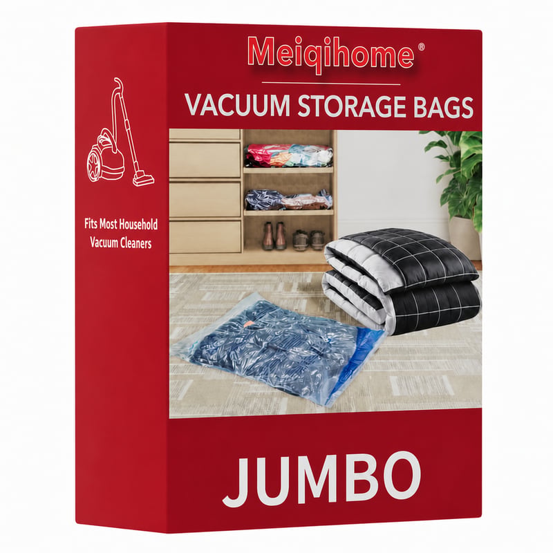 Vákuové úložné vrecia Meiqihome Jumbo 8 ks na oblečenie, posteľnú bielizeň, vankúše a prikrývky, priestorovo úsporné kompresné vrecia s vysávačom