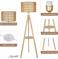 Rayofly Fa Állólámpa Polccal - Vintage Rattan és Lenvászon Lámpaernyővel, Tripod Állvánnyal, Bohém Stílusú Világítás Nappaliba, Hálószobába, 4