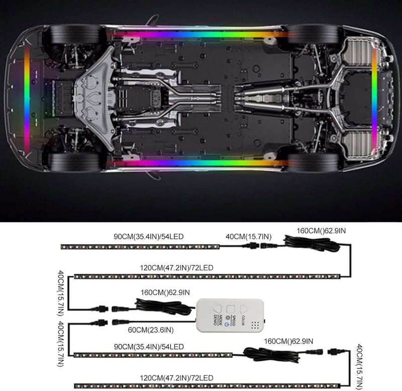 ConBlom RGB LED Autó Alváz Világítás Szett - 47 és 35 Hüvelykes Neon Fénycsíkok, Hanggal és Applikációval Vezérelhető, 210 Üzemmód, 16 Milli