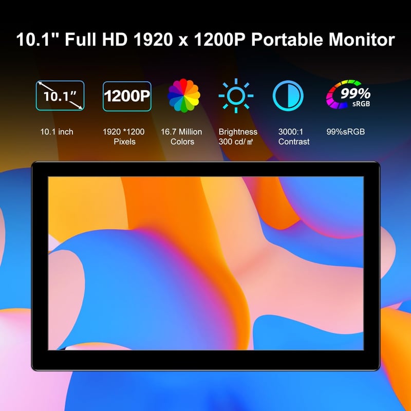 Pisichen 10.1" Hordozható Monitor - Full HD 1920x1200 IPS Kijelző, HDMI és USB-C Csatlakozás, Beépített Hangszórók, Laptop, PC, PS4/5, Xbox 