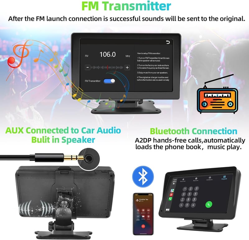 Podofo 7" Hordozható Autórádió - Apple CarPlay/Android Auto Támogatás, Bluetooth, IPS Érintőkijelző, FM, AUX, Tükrözés + 64GB TF Kártya