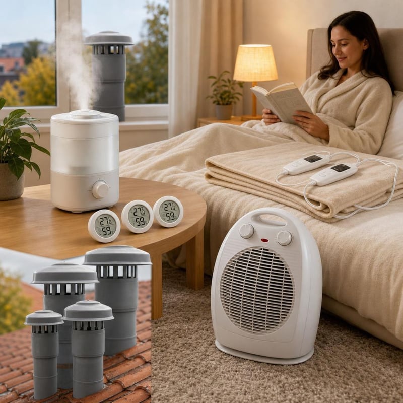 Zimný balík pre teplo domova: zvlhčovač + 3x teplomer + 2000W ohrievač + vyhrievacia deka + DN75 koncovka