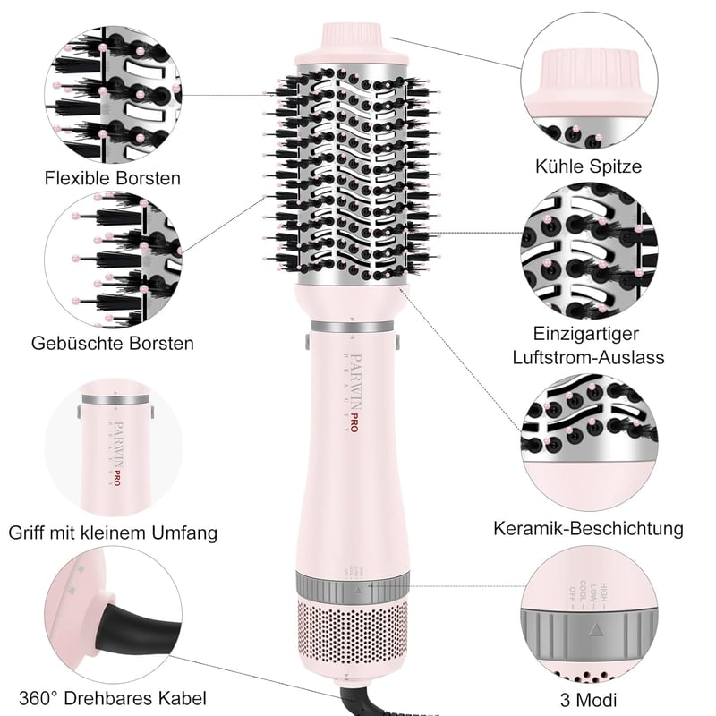 Parwin Pro Beauty 4 az 1-ben Hajszárító Készlet - Ionos Hajformázó Kefe 4 Tartozékkal Szárításhoz, Egyenesítéshez és Dúsításhoz - 1000W, Róz
