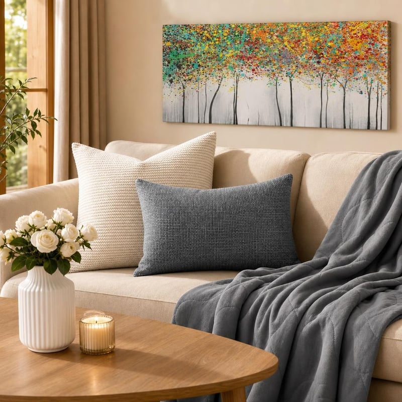 Pachet decor living: 2x husă 60x60 + husă 40x60 + pled + vază + tablou + lumânare parfumată