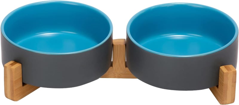 SPUNKYJUNKY Kerámia Dupla Etetőtál Kutyáknak és Macskáknak - Bambusz Állvánnyal, 400ml, Kék-Szürke