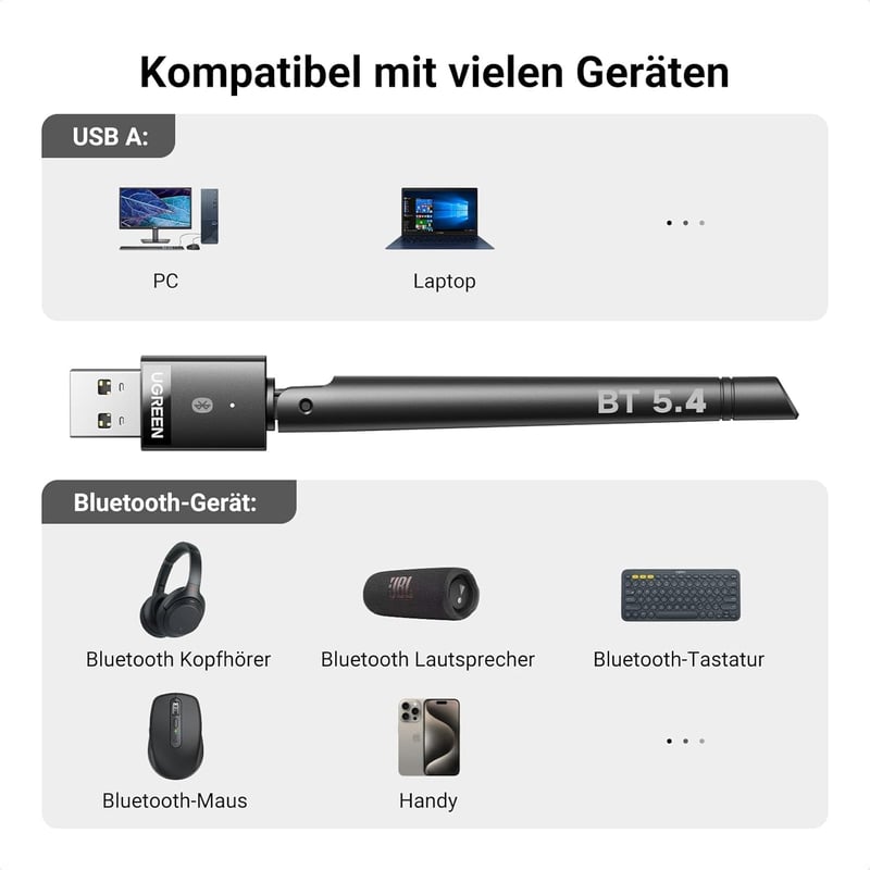 UGREEN Bluetooth 5.4 adapter PC-hez, nagy hatótávolságú USB dongle Windows 11/10/8.1-hez