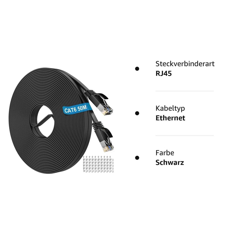Cat 6 Lapos LAN Kábel 30m - Fekete Gigabit Ethernet Hálózati Kábel Kültéri/Beltéri Használatra