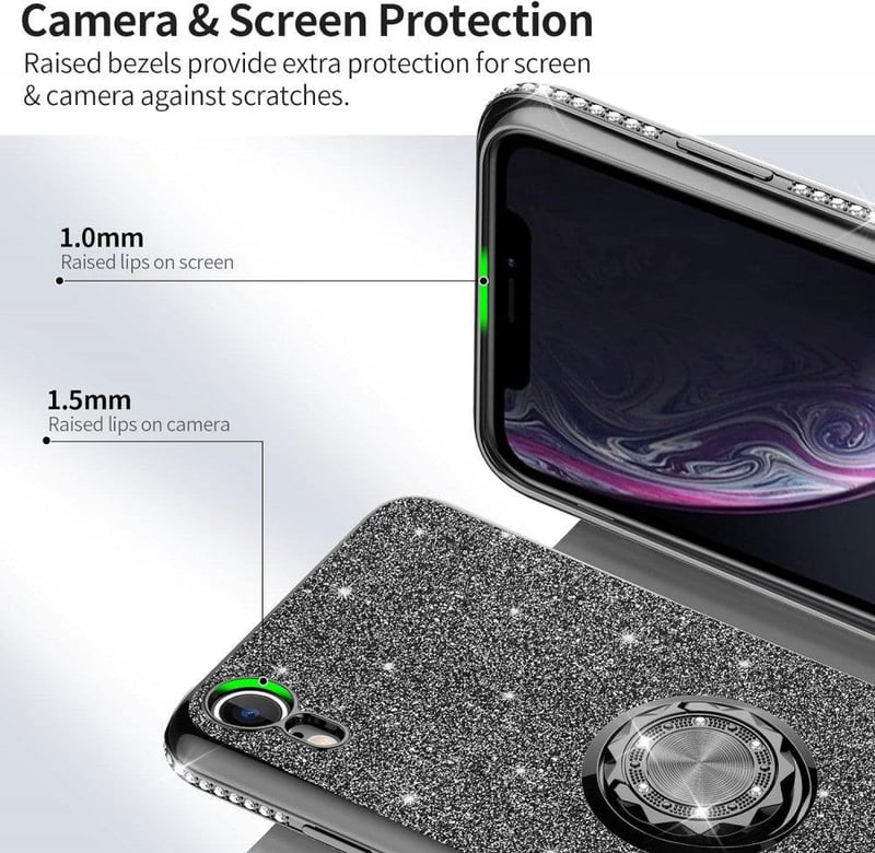 iPhone XR Csillogó Fekete Gyűrűs Védőtok Glitterrel