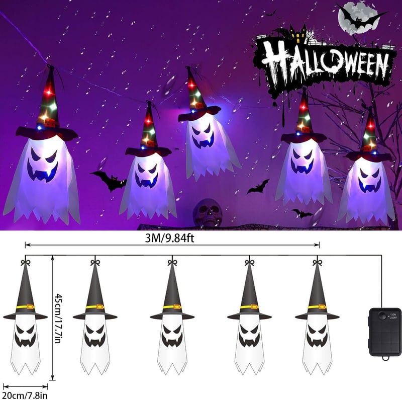 Sunshine smile Halloween Kültéri Dekoráció - 5db Világító Függő Szellem Szett - Boszorkánykalap és Szellemdíszek Kertbe, Fára, Partira - Újr