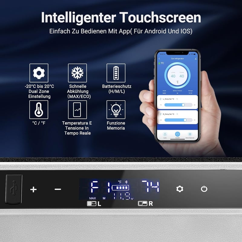 AAOBOSI 115L Kompresszoros Hűtőbox WiFi Vezérléssel - Autós Hűtőláda -20°C-ig, 12/24V és 100-240V Tápellátással, USB Csatlakozással Kempinge