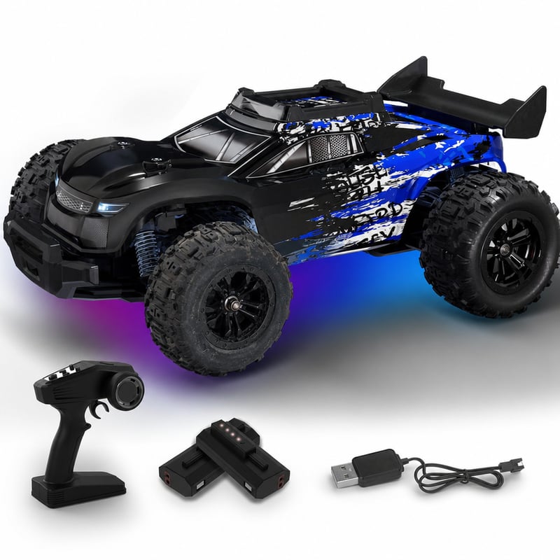 Mașină cu telecomandă PENGBU RC Monster Truck 1/14, off-road, 40 km/h, 4WD — defectă, funcționează parțial: roată dreapta față deteriorată (stare: vezi a 2-a fotografie)