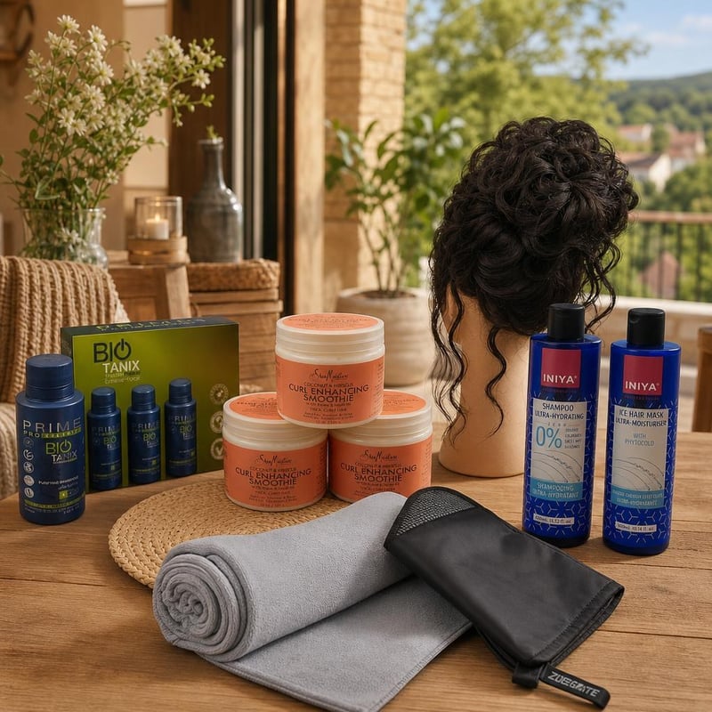 Rutina za kovrčavu kosu: punđa + set za ravnanje 3×100 ml + šampon 400 ml + 3×340 g kreme + ručnik