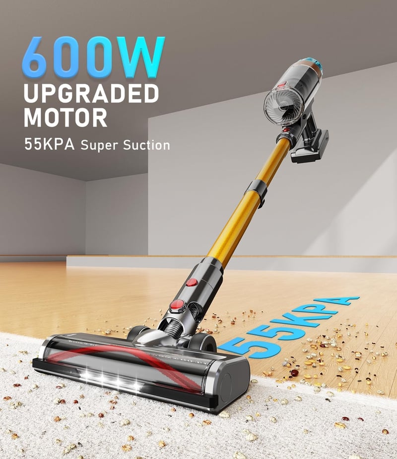 EUARY 55000Pa Vezeték Nélküli Porszívó 600W - 55 Perces Üzemidő, Fali Töltőállomás, Okos Kijelző, Hajcsomósodás-gátló Kefe Szőnyeghez, Kemén
