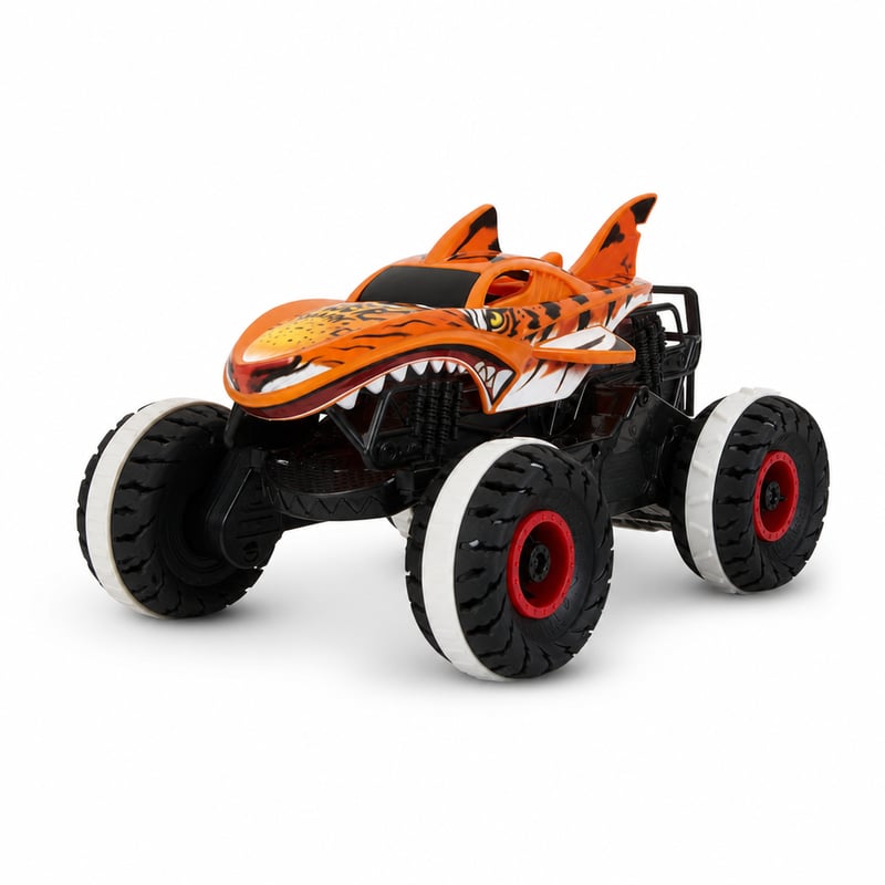 Mașinuță cu telecomandă Hot Wheels Monster Trucks HW Unstoppable Tiger Shark — defectă, pentru piese: nu pornește (stare: vezi a 2-a fotografie)