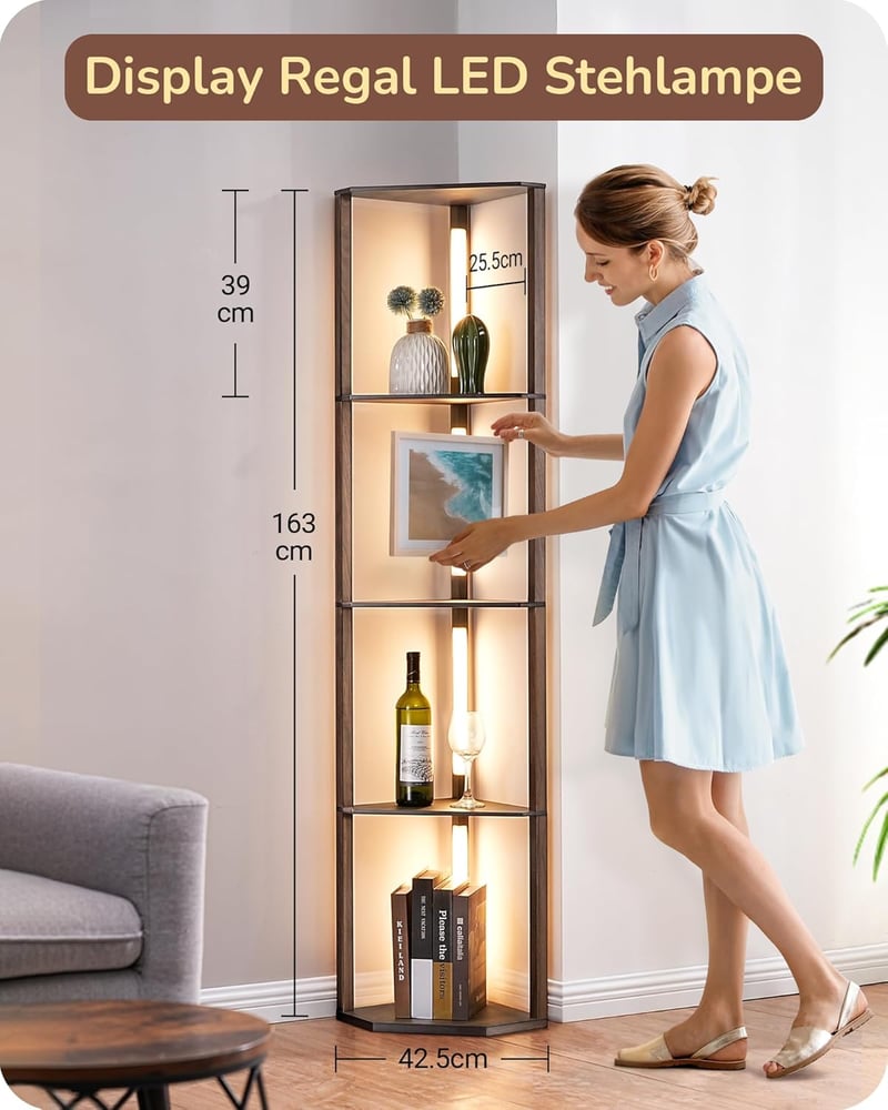 EDISHINE Állólámpa Fa Polccal - Dimmelhető LED 2700K-6500K, 360° Forgatható, Lábkapcsolós Olvasólámpa Nappaliba, Sötét Dió Színben