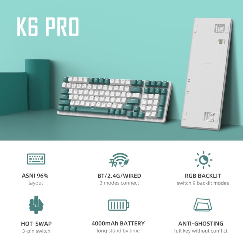 MAMBASNAKE K6 Pro Mechanikus Gaming Billentyűzet - 96% Méret, 3 Csatlakozási Mód, Hot Swap, 4000 mAh, RGB Háttérvilágítás, Spirál USB-C Kábe