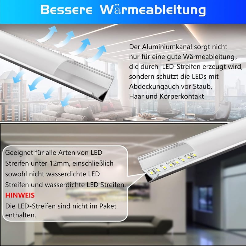 Efishine 40db V-alakú LED Alumínium Profil Szett 1m - Tejfehér Burkolattal, Végzárókkal és Rögzítőkkel - Egyszerű Telepítésű LED Szalag Csat