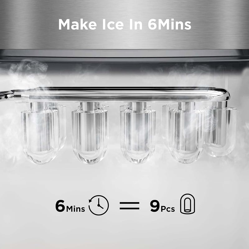 Silonn Jégkockakészítő Gép - 9 Kocka 6 Perc Alatt, 12kg/24 Óra, Öntisztító Funkció, 2 Méretű Jégkocka, Rozsdamentes Acél, Konyhai-Irodai Has