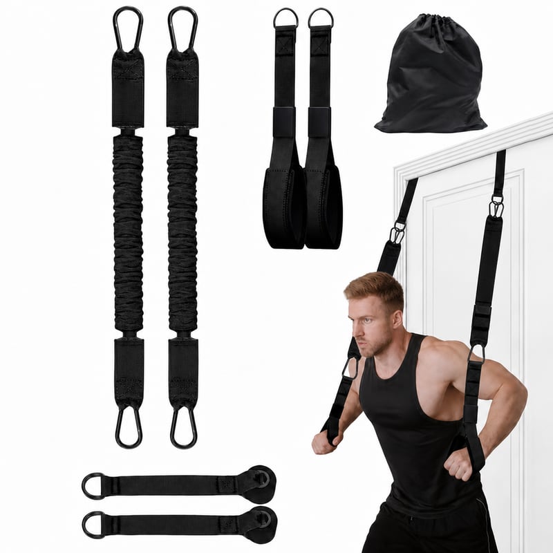 Abahub set traka za triceps s 2 podesiva sidra za vrata, 75-300 lbs — nedostaje 1 traka otpora od 34 kg (stanje: vidi 2. sliku)