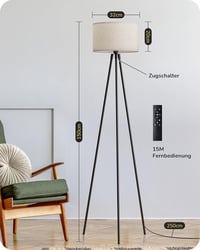 EDISHINE Fém Tripod Állólámpa - Távirányítós LED Dimmelhető Olvasólámpa Nappali és Hálószobába, Len Lámpaernyővel, E27 LED Izzóval, Fekete 5
