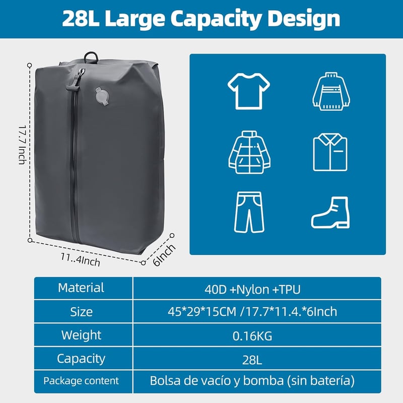 KINGSLONG 40L Kézipoggyász Hátizsák 19" Laptophoz - Bővíthető Vízlepergető Utazótáska USB Töltőporttal és 20L Vákuumtasakkal - Black - 46l - Pump Not Included