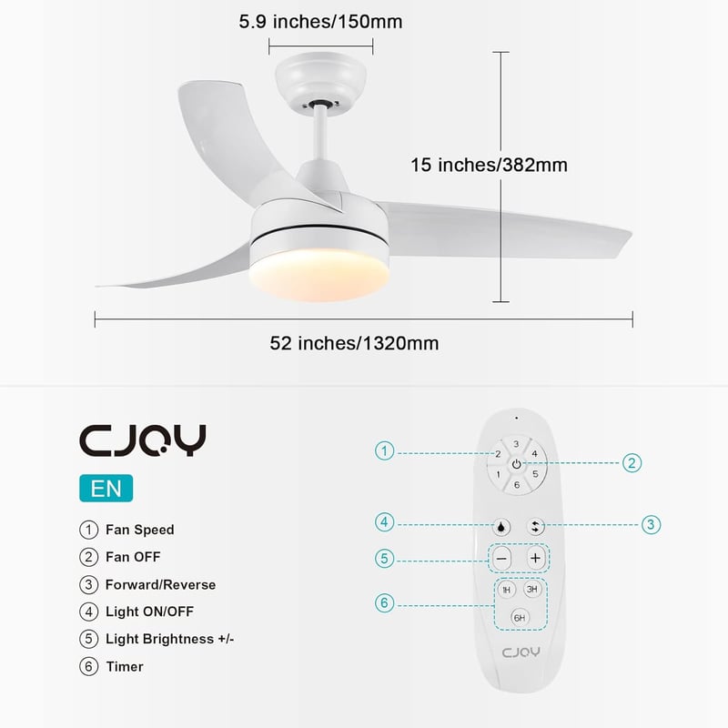 CJOY 132 cm-es Mennyezeti Ventilátor Világítással - Fehér, Csendes DC Motor, Távirányítós, Fényerőszabályzós, 6 Sebességes, Energiatakarékos