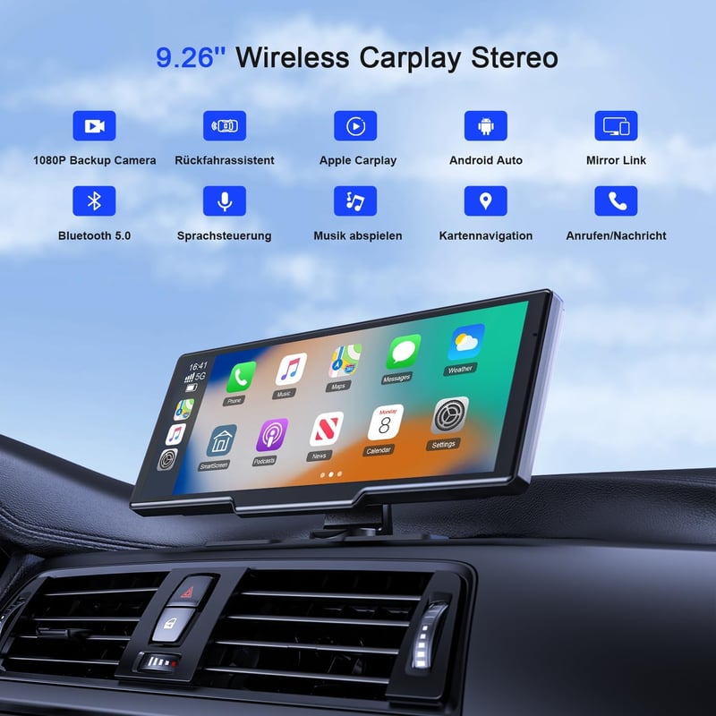 Avylet 9,26" Vezeték Nélküli CarPlay Kijelző 4K Műszerfali Kamerával - Apple CarPlay & Android Auto Támogatás, GPS Navigáció, Tolatókamera