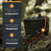 Bushpeak 7 részes alumínium kempingfőző készlet tapadásmentes bevonattal, hőszigetelt fogantyúkkal, 3 fedeles edénnyel és serpenyővel, gázfő 6