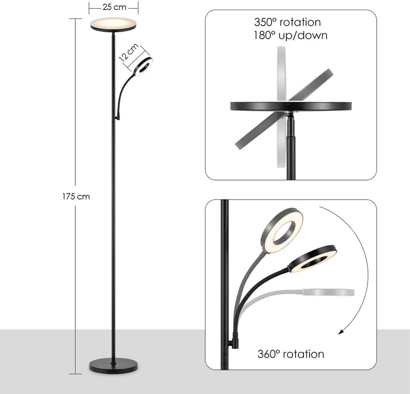 Home Sweet Home Modern LED Állólámpa Olvasólámpával - Fekete, Érintésvezérelt, Állítható Fényerő 2700K-6500K, 42W, 3636lm, 175cm Magas