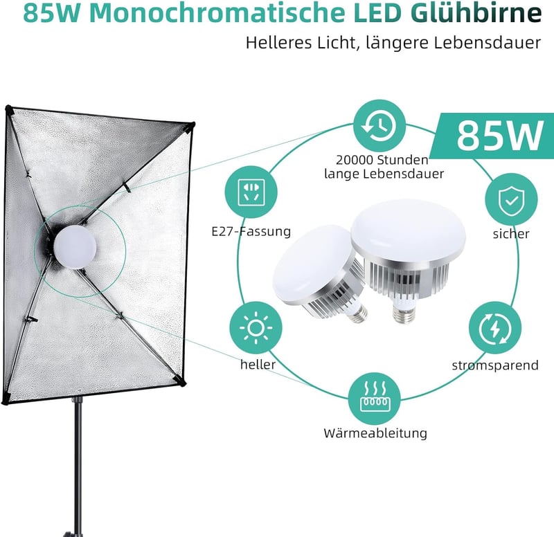 FGen Fotóstúdió Szett 2,6x3m Állvánnyal - Pamut Zöld Háttérvászonnal, 135W CFL és 85W LED Lámpákkal, Softbox Szett Termékfotózáshoz, Portréh