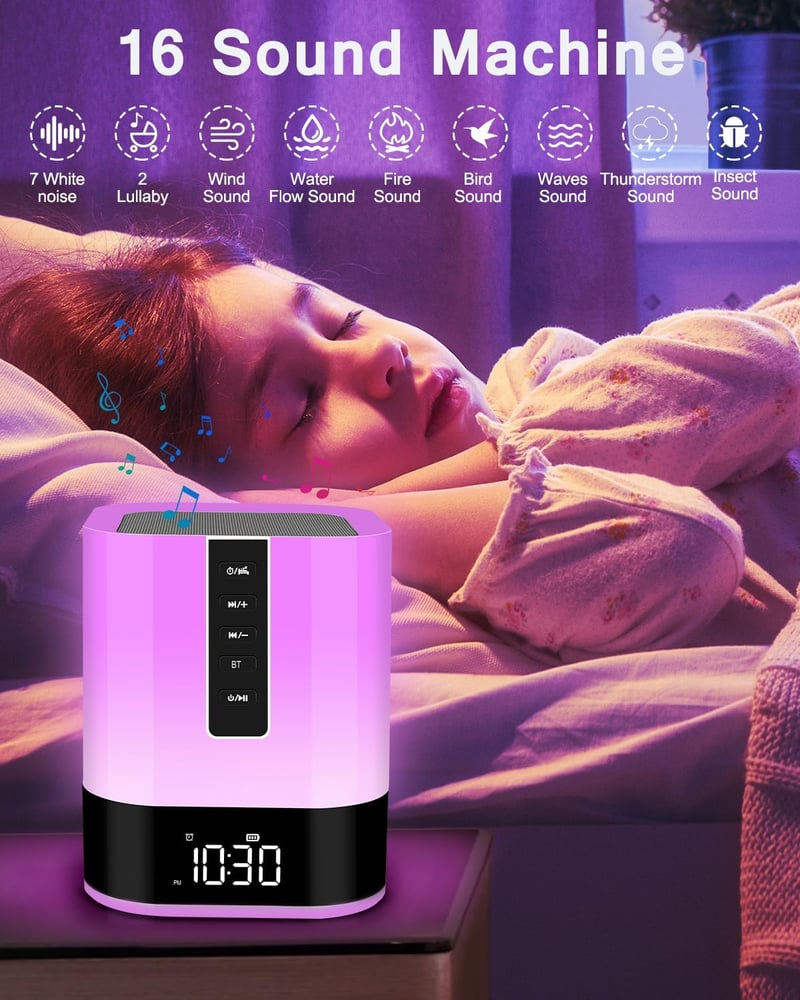 WamGra Bluetooth hangszórós éjjeli lámpa gyermek ébresztőórával, fehér zaj készülékkel, érintéses fényerőszabályzással, 48 RGB LED, fehér