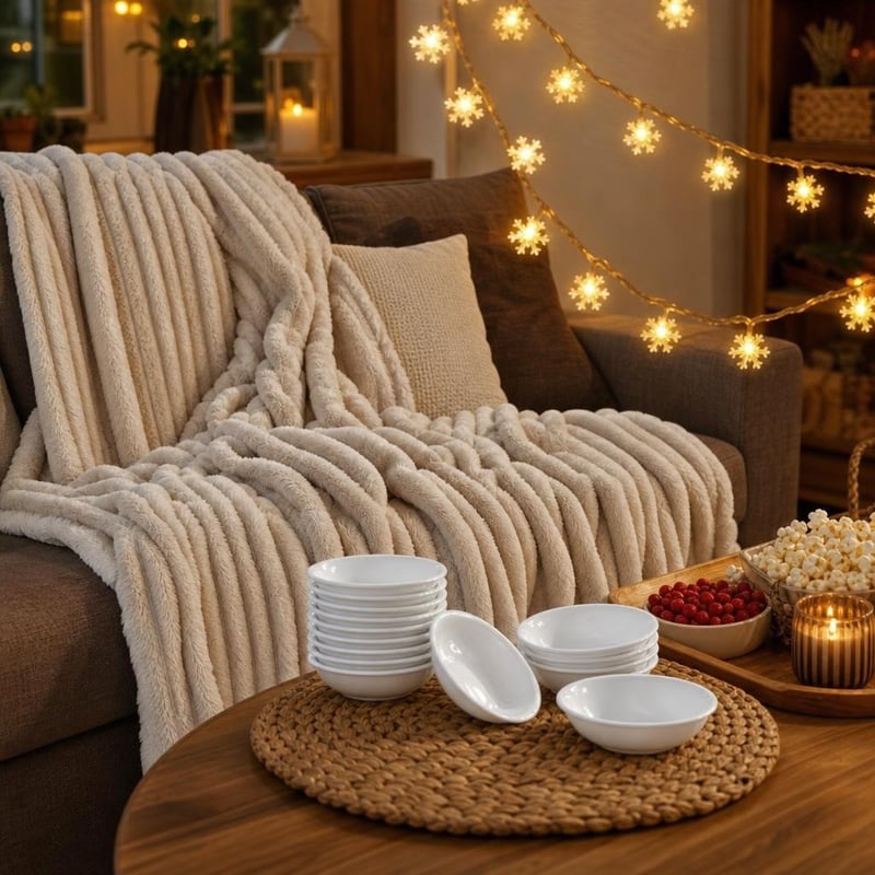 Kuckómozi plédcsomag: flanel takaró + 12 db desszerttálka + 6 m elemes LED fényfüzér, időzítővel