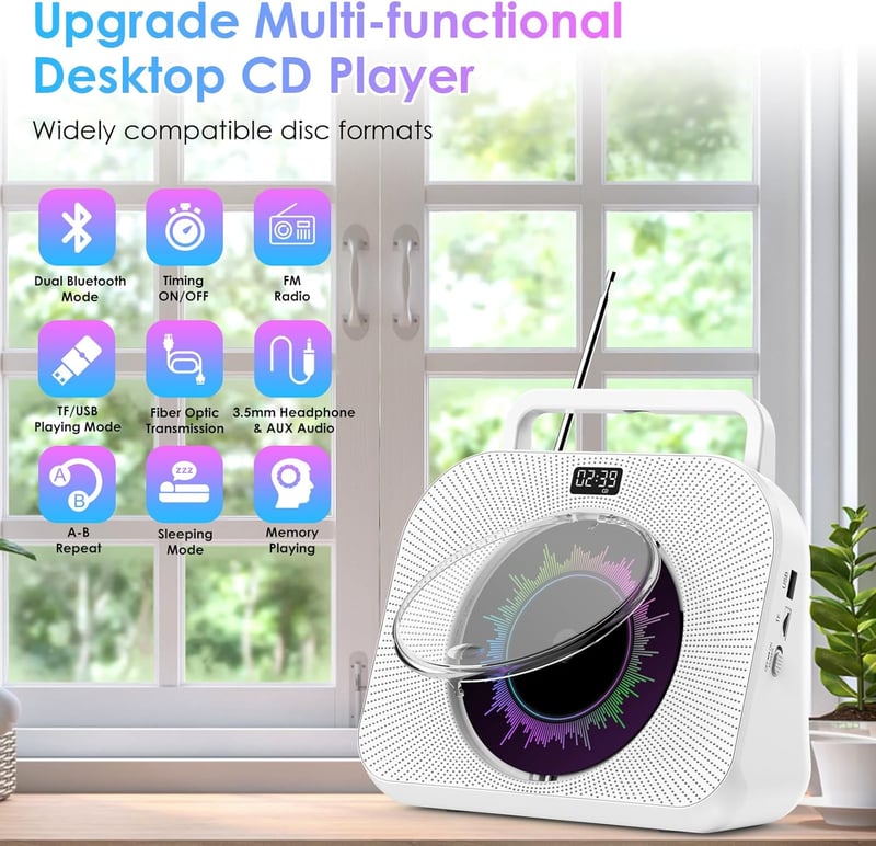 KOVCDVI 9 az 1-ben Bluetooth CD-lejátszó rádióval, USB/TF/AUX támogatással, ébresztővel és távirányítóval