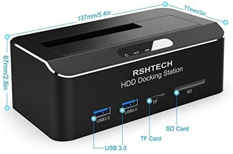 RSHTECH Alumínium USB 3.0 HDD/SSD Dokkoló 2.5" és 3.5" SATA Meghajtókhoz, SD/TF Kártyaolvasóval, 16TB-ig
