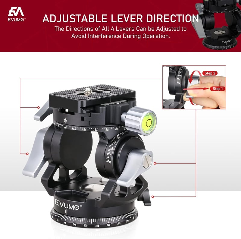 EVUMO Dupla Panoráma Állványfej - 360° Forgó Videófej Kamerákhoz, 8 kg Teherbírás, Arca-Swiss Kompatibilis, DSLR, Okostelefon, Alumínium, 52