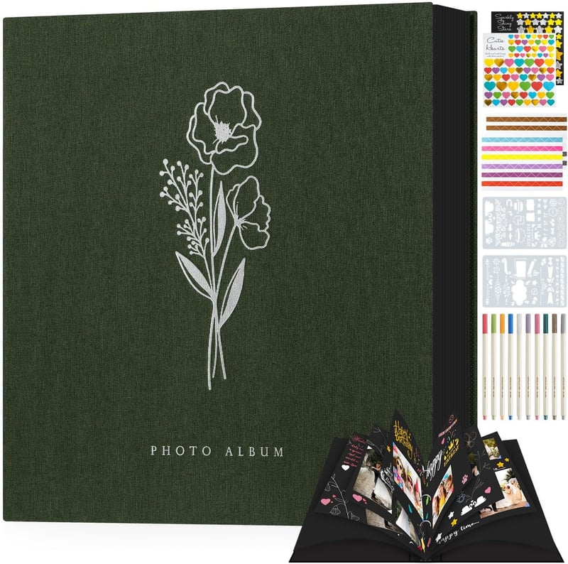 Lanpn Zöld Fotóalbum 80 Fekete Lappal, DIY Scrapbook Esküvőre, Karácsonyra - 31x33,5cm