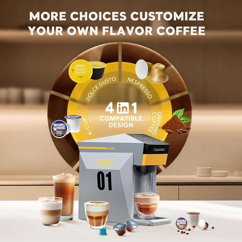HAILASRE 3 az 1-ben Eszpresszó Kávéfőző 19 Bar Nyomással - Nespresso, L'OR, Dolce Gusto Kapszulákhoz és Őrölt Kávéhoz - Szürke