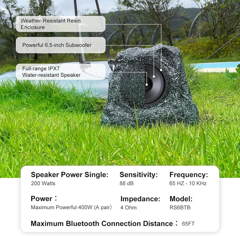 Herdio 6.5" Kőhatású Kültéri Bluetooth Hangszóró Szett - Vízálló IPX6, 400W, Dizájn Kertbe, Teraszra, Medencéhez (2db)