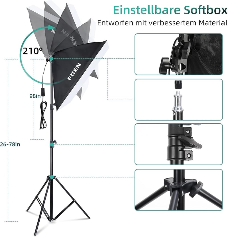 FGen Fotóstúdió Szett 2,6x3m Állvánnyal - Pamut Zöld Háttérvászonnal, 135W CFL és 85W LED Lámpákkal, Softbox Szett Termékfotózáshoz, Portréh