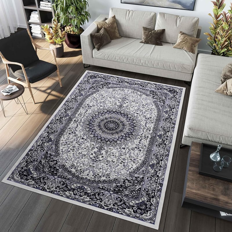 NAAR Absztrakt Vintage Szőnyeg 120x180 cm - Rövid Szálú, Puha Sötétkék/Krém Szőnyeg Nappaliba, Hálóba, Étkezőbe, Irodába - Oeko-Tex Minősíte