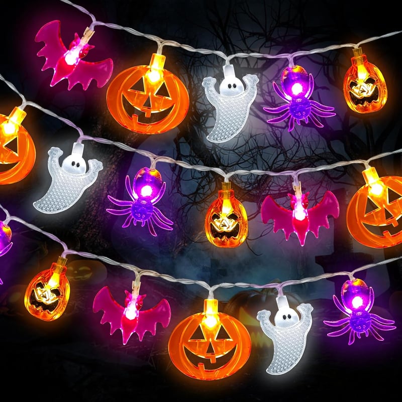 CHMMY Halloween LED Fényfüzér 20 LED-del - Tök, Szellem, Denevér Díszekkel - 2 Világítási Mód, Vízálló, Beltéri-Kültéri Dekoráció