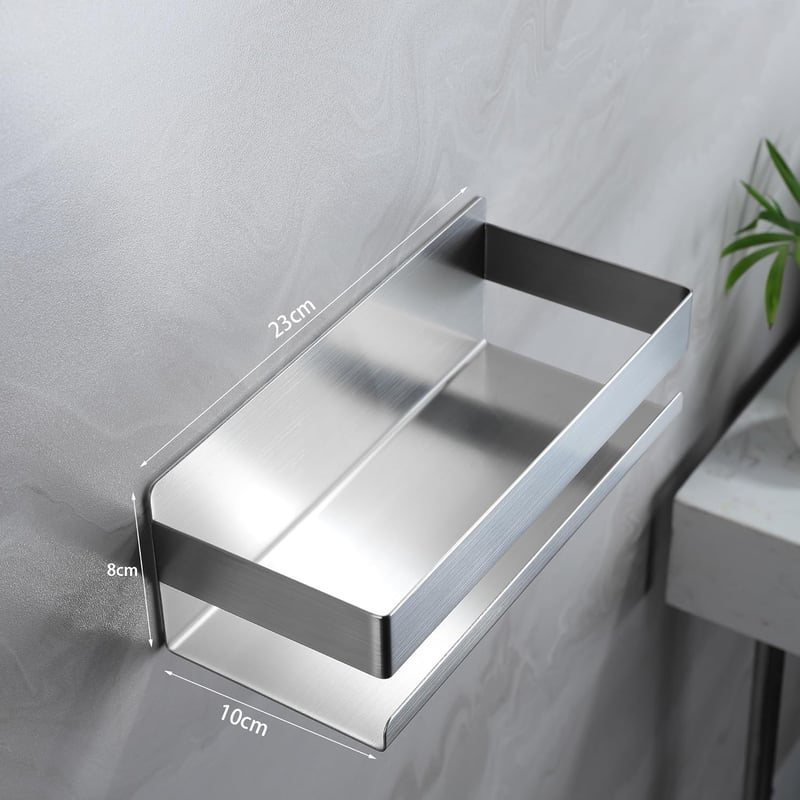 Cooeco Öntapadós Zuhanyzó Polc - Rozsdamentes Acél Fürdőszobai Tároló, Minimál Dizájn, Fúrás Nélküli Telepítés, Ezüst, 23x8x10 cm