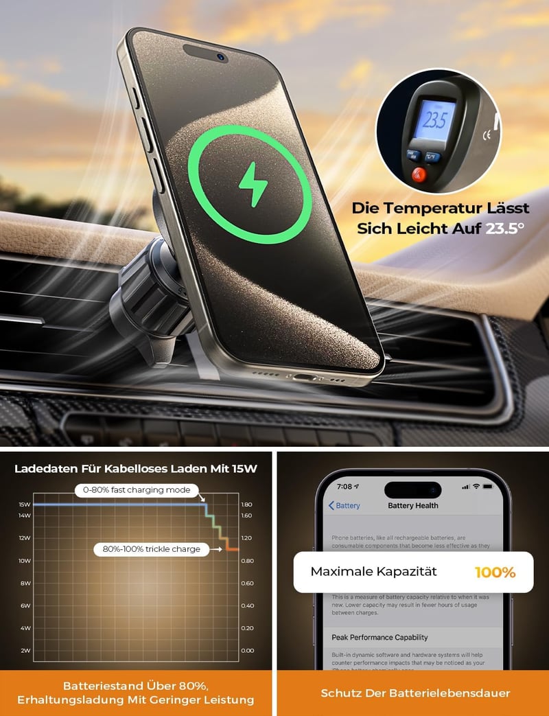 LISEN 15W MagSafe autós telefontartó és töltő iPhone 15/14, Samsung S24 készülékekhez